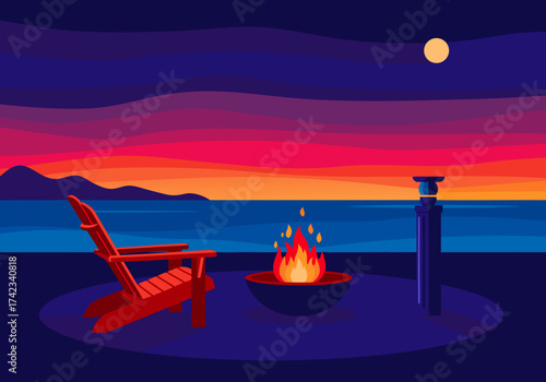 Vibrant sunset hues paint the sky over a calming ocean view, with a crackling fire pit and an inviting beach chair, perfect for a serene evening