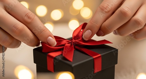 Hands tying a red ribbon bow on a black gift box