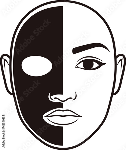 Тwo sided mask icon showing a person's face with one half covered, representing anonymity and duality. Vector illustration