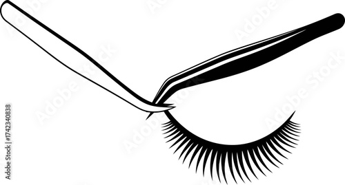 Tweezers holding a false eyelash for beauty and makeup concept. Black and white stencil style vector illustration.