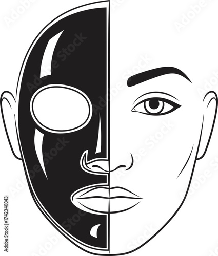 Woman face with half a black peel off cosmetic mask for skincare beauty treatment. Facial spa procedure. Vector illustration