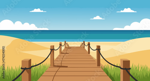 Scenic wooden boardwalk leading to a serene sandy beach and vast blue ocean under a bright, clear sky, ideal for summer getaways and peaceful vacations