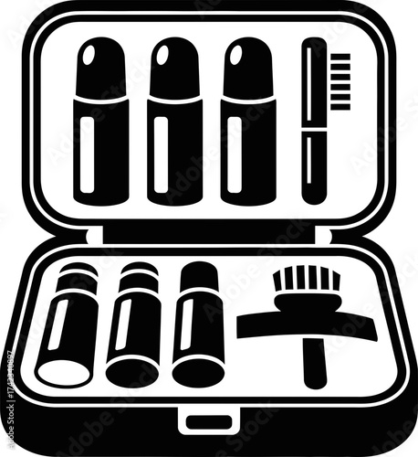 Travelers toiletry kit with bottles and brush. Personal hygiene essentials. Travel and vacation concept. Vector illustration for icon and symbol design