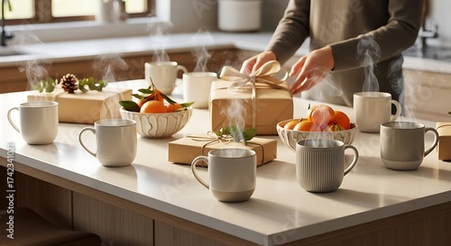 Cozy morning kitchen scene with steaming mugs and fresh fruit