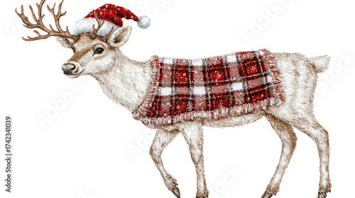 Charming Reindeer in a Festive Santa Hat and Cozy Plaid Blanket