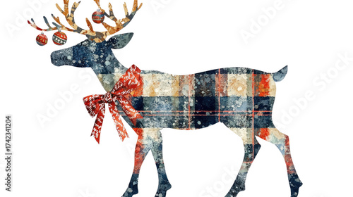Colorful Watercolor Reindeer with Plaid Pattern and Red Bow