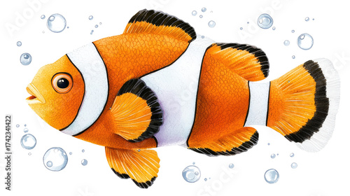 Colorful Clownfish Swimming in Clear Water with Bubbles Around