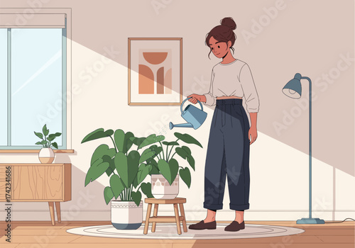A young woman waters houseplants with a watering can, illustrating plant care and indoor gardening at home.