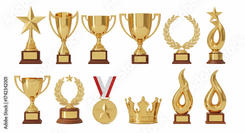 A 3d illustration of a shining golden trophy and gold cup award for the winner champion's victory and success