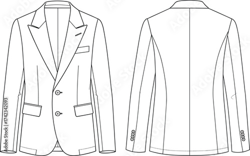 Women’s tailored blazer jacket, technical fashion illustration, apparel design sketch, garment construction drawing, notched lapel clothing design, two button structured outerwear