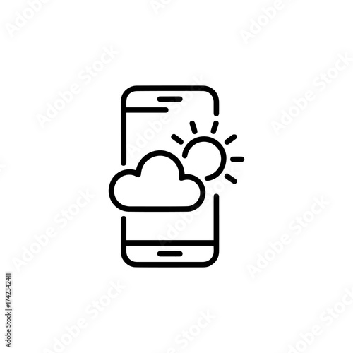 Weather forecast app on smartphone, cloud and sun icon, isolated on white background