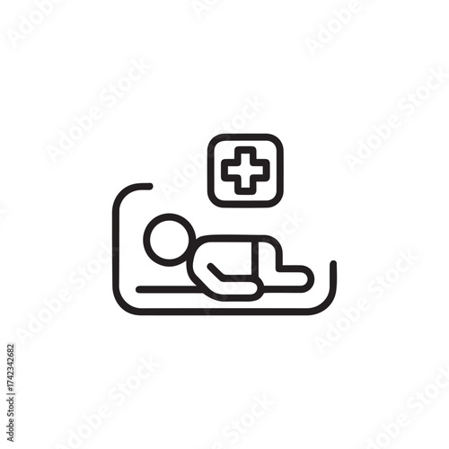 Simple line icon of a person lying in a hospital bed with a medical cross symbol above, isolated on white background