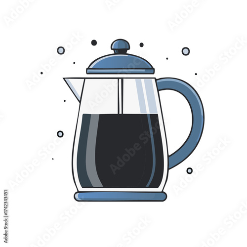 Cartoon icon of a glass French press coffee maker brewing hot dark coffee vector illustration
