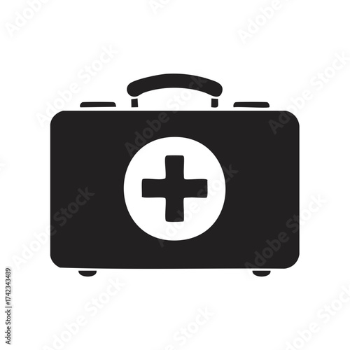Black and white illustration of a first aid kit with a medical cross icon