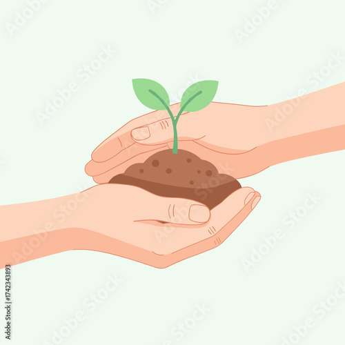 Two gentle hands carefully cradling a small green seedling emerging from rich soil, symbolizing growth and nurturing.
