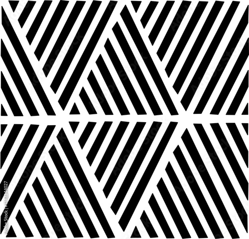 Abstract black and white geometric pattern with diagonal stripes forming triangles. Modern optical illusion design ideal for fabric, wallpaper, and digital art.

