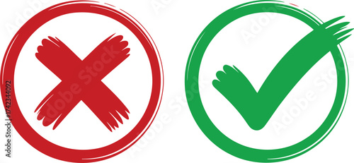 Green check mark and red cross icons in circular outline representing correct and wrong symbols, approval and rejection signs, decision or validation concept illustration