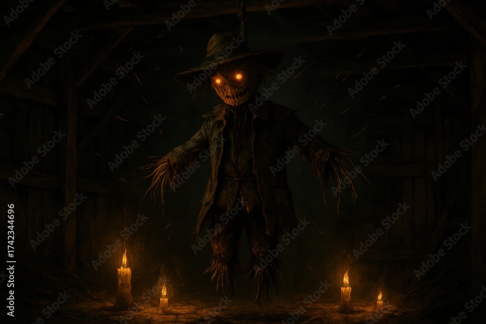 Obraz premium A menacing scarecrow with glowing eyes stands ominously in a dark barn, illuminated by the flickering light of several candles. Its straw-filled body and rustic attire evoke a sense of rural dread.