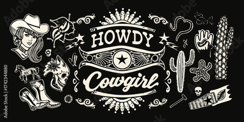 Howdy cowgirl western graphic design with cowboy hat woman skull boots horse cactus and stars