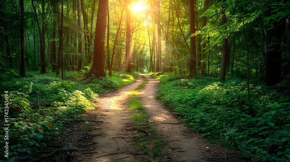 Fototapeta premium a scenic pathway winds through a lush, sun-dappled forest, bathed in golden light