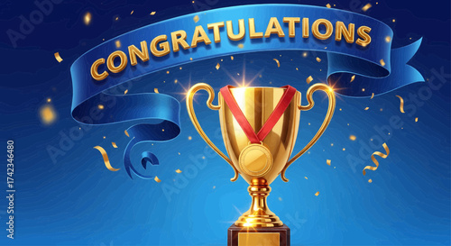 Shining gold cup trophy, a prize for the champion winner celebrating victory, achievement, and business success
