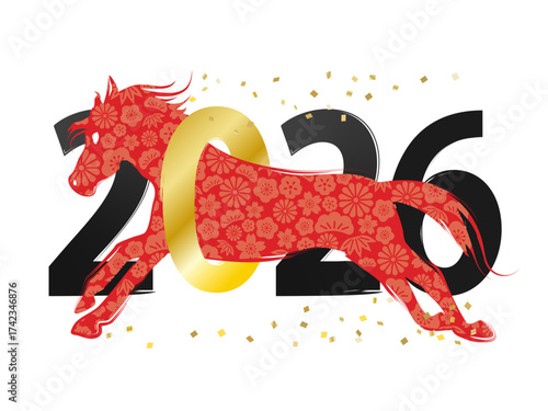午年の赤の馬　金色と黒の2026の筆文字