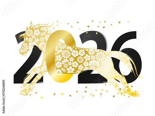午年の金の馬　金色と黒の2026の筆文字

