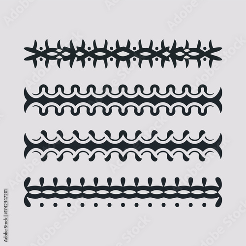Four Rows of Symmetrical Black Abstract Designs on White Background