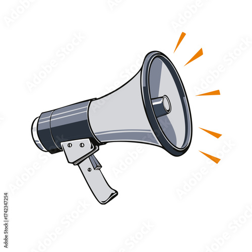 Megaphone broadcasting important message with sound waves, vector illustration