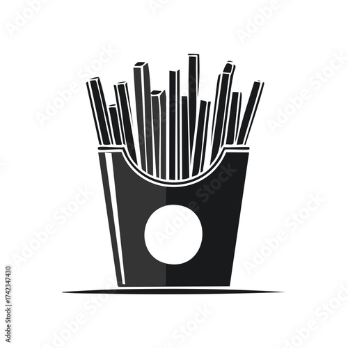 Stylized illustration of a box of french fries in black and white silhouette.