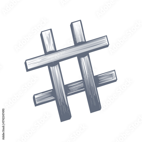 Engraved illustration of a hashtag symbol, social media icon, internet communication.