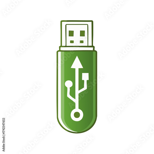 Green USB flash drive with white USB symbol for data storage and transfer