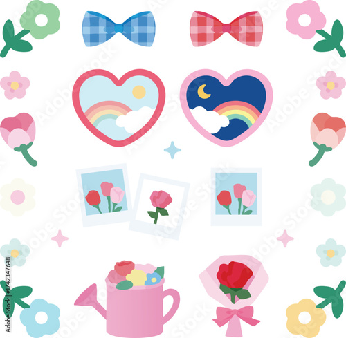 Rainbow Heart, Flower, and Cute Bow Sticker Illustration Set