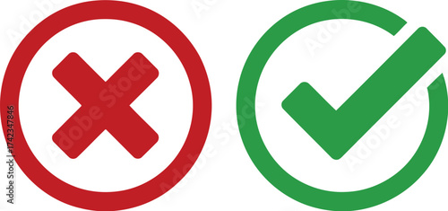 green check mark and red cross symbols inside circular outlines representing correct and incorrect choices, approval and rejection signs, confirmation and error concept illustration