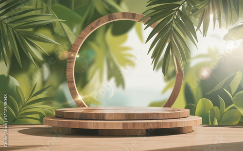 Wooden podium with palm leaves and background for product presentation and display in nature
