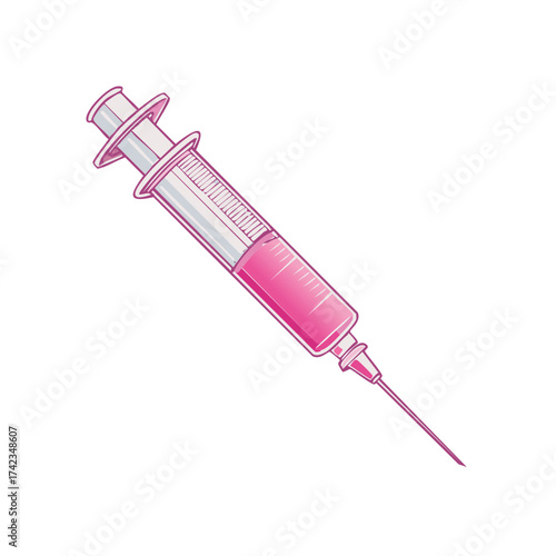 Medical illustration of a syringe filled with pink liquid, healthcare concept