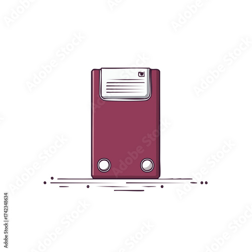 A burgundy ring binder with a label holder and paper, standing upright with decorative lines below.