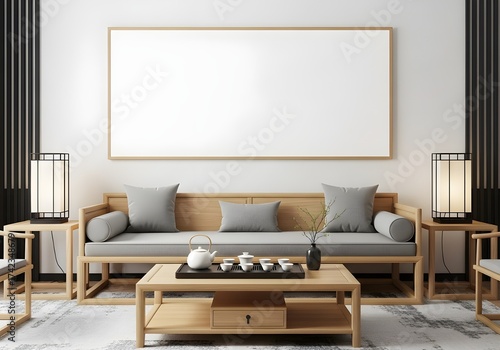 Wallpaper Mural Modern japanese living room with wooden furniture, tea set, and blank canvas for artwork Torontodigital.ca