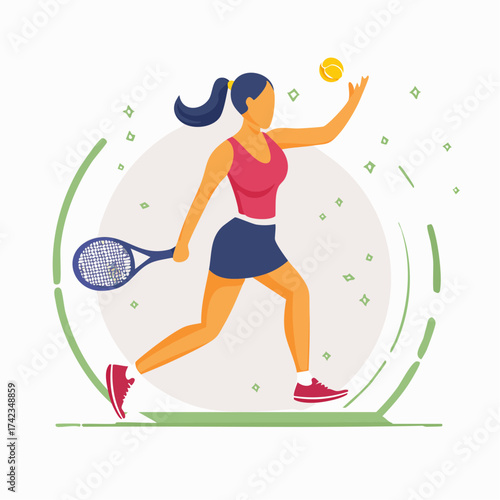 Female tennis player serving the ball on court during a match with determination and focus, showcasing athleticism and competitive spirit.