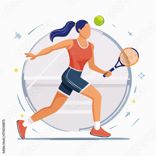 Athletic woman playing tennis on court, swinging racket to hit ball during competitive match with determination and focus.