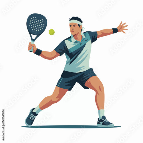Athletic man playing padel tennis with intense focus on outdoor court under bright sunlight, showcasing skill and determination in competitive sport.