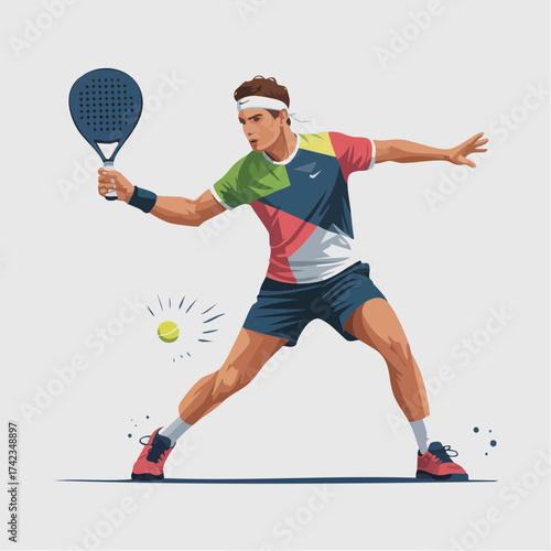 Athletic man playing padel tennis with energy and focus on a bright court, showcasing skill and determination in a dynamic sports scene.