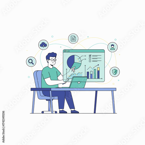 Modern professional analyzing data insights on laptop, strategic planning and data visualization, perfect for business presentations and reports with a modern feel