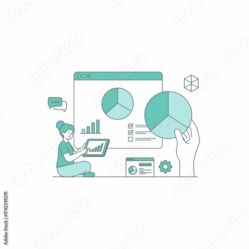 Dynamic infographic of a woman analyzing data for business growth, revealing insights with charts and graphs, perfect for presentations and financial reports