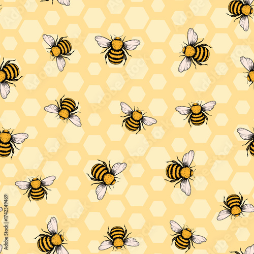 Seamless pattern with bees. Small wasp. Vector illustration. Design for invitation, cards, textile, fabric. Doodle style.