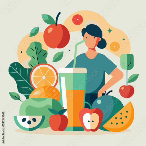 Woman drinking fresh juice surrounded by a variety of fruits and leaves