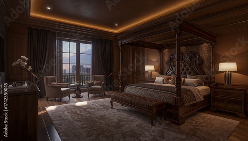 Classic bedroom interior. 3D render. Vintage style. Evening lighting. 3D rendering of a classic bedroom with a large wooden bed with wood paneling