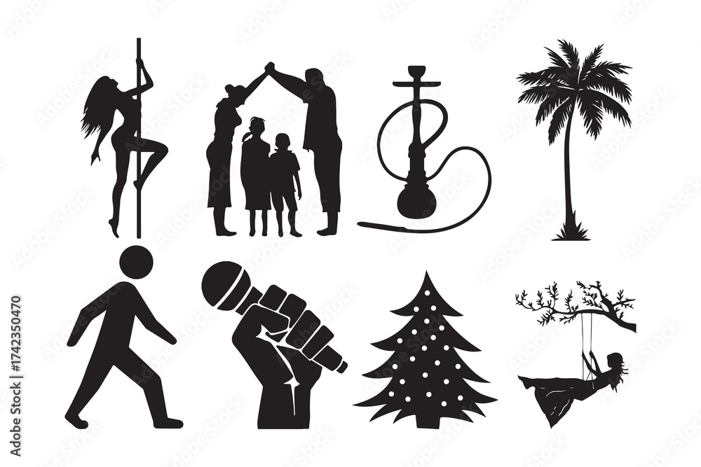Fototapeta premium Silhouette Vector Set of Dance, Family, and Nature Icons