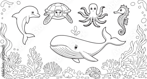 Sea creatures coloring page with marine animals line