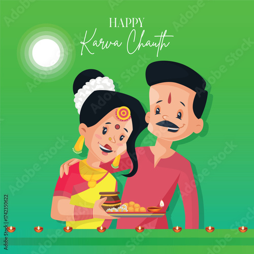 Happy Karva Chauth banner design. Cartoon vector illustration of a cheerful Indian couple ready to break the fast after viewing the moon with offerings on a plate against a green background.